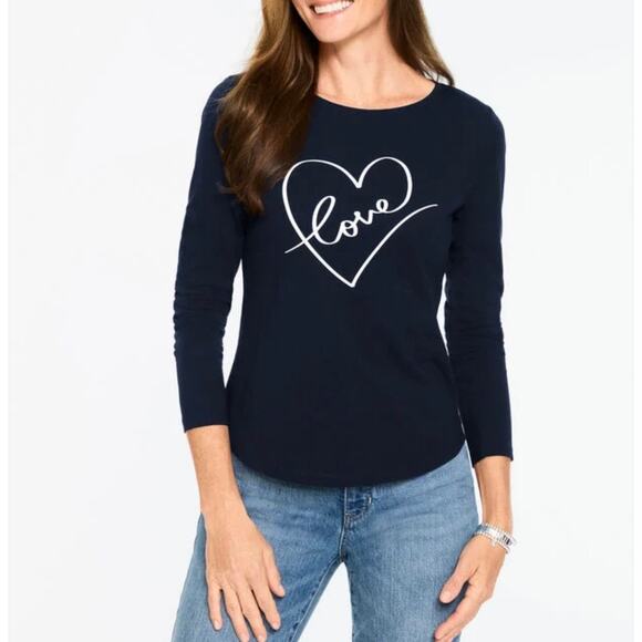 Talbots Tops - Talbots women’s crewneck top Sz. S Petite navy heart embroidery NWOT